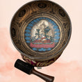 Load image into Gallery viewer, Manjushri Singing Bowl for Third Eye Chakra with inner deity artwork, Tibetan mantra design, red cushion and wooden mallet.