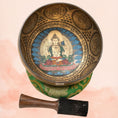 Load image into Gallery viewer, Four-Armed Chenrezig Singing Bowl with inner deity artwork, Tibetan mantra design, green cushion and wooden mallet.