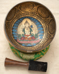 Load image into Gallery viewer, Four-Armed Chenrezig Singing Bowl with inner deity artwork, Tibetan mantra design, green cushion and wooden mallet.