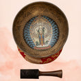 Load image into Gallery viewer, 1000 Arms Compassionate Buddha Singing Bowl for Third Eye Chakra with red cushion and wooden mallet