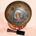 Load image into Gallery viewer, Four-Armed Chenrezig Singing Bowl for Crown and Heart Chakra with inner deity artwork, red cushion and wooden mallet.