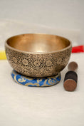 Load image into Gallery viewer, Handmade Full Lotus engraved Tibetan singing bowl with cushion and wooden mallet
