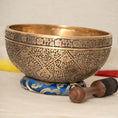 Load image into Gallery viewer, Antique style engraved Singing Bowl with floral pattern, blue cushion and wooden mallet
