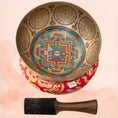 Load image into Gallery viewer, Wisdom Eye Singing Bowl with inner mandala artwork, sacred geometry symbols, red cushion and wooden mallet