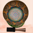 Load image into Gallery viewer, Shri Yantra Carved Singing Bowl with colourful inner mandala artwork, sacred geometry engravings and wooden mallet.