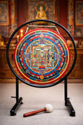 Load image into Gallery viewer, Kalachakra Mandala meditation gong with stand and striker for sound healing