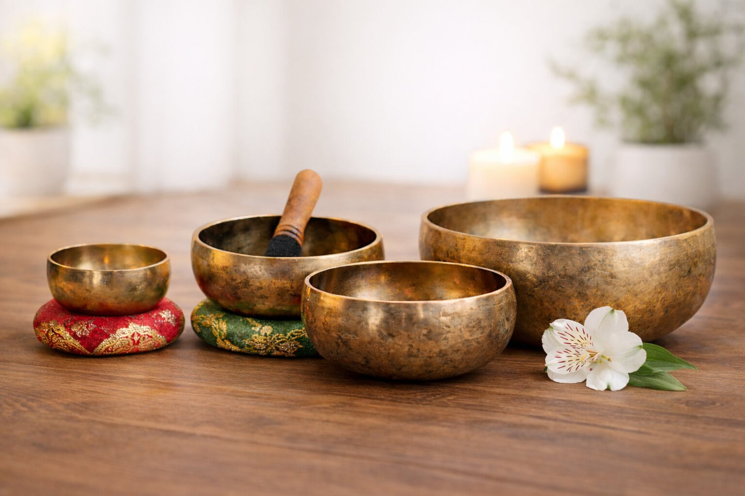 Four Himalayan singing bowls of different sizes placed on a wooden table with candles and a white flower in a calm meditation setting.