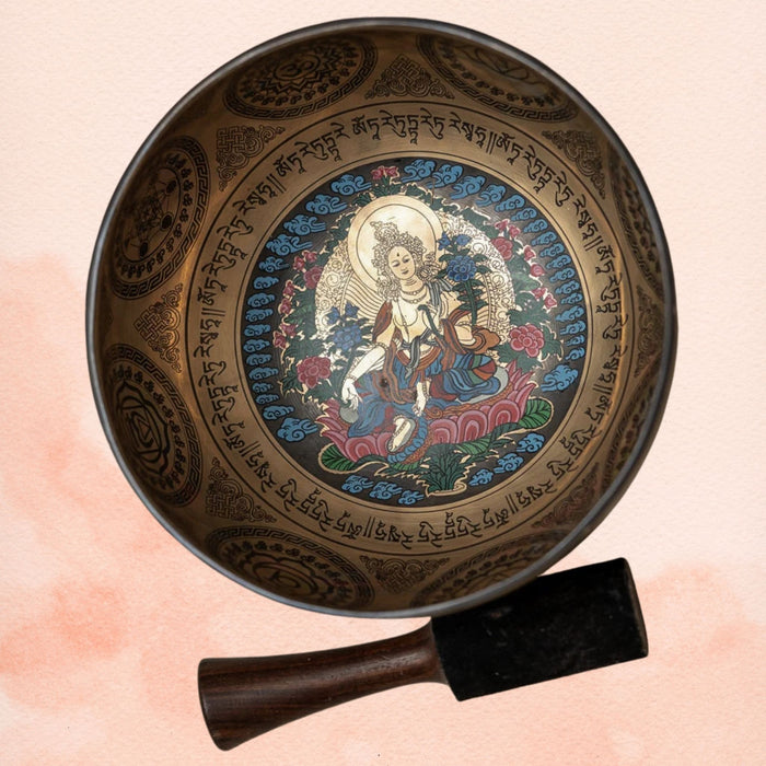 Green Tara Singing Bowl for Third Eye Chakra with inner deity artwork, mantra design and wooden mallet.