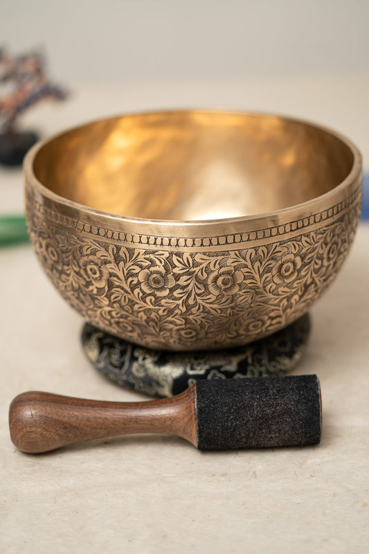 Flower Carving Singing Bowl for Sound Healing.