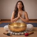 Load image into Gallery viewer, Woman meditating with a gold singing bowl on a mat
