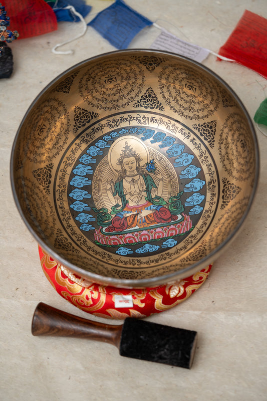 Four-Armed Chenrezig Carved Singing Bowl - Handcrafted Tibetan Bowl