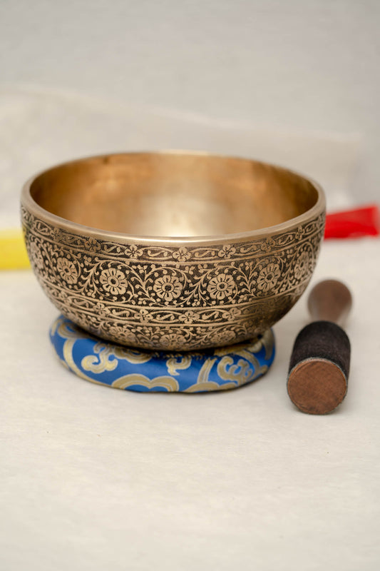 Handmade Full Lotus engraved Tibetan singing bowl with cushion and wooden mallet