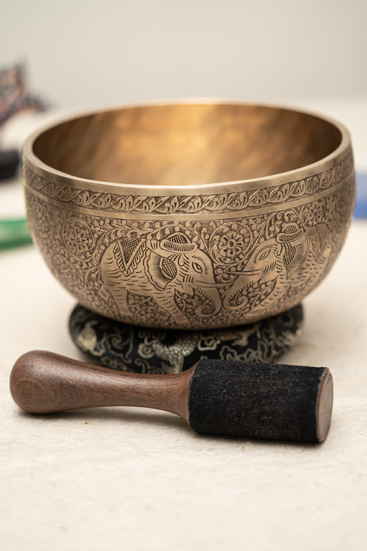 Elephant Carved Singing Bowl for meditation and sound healing.
