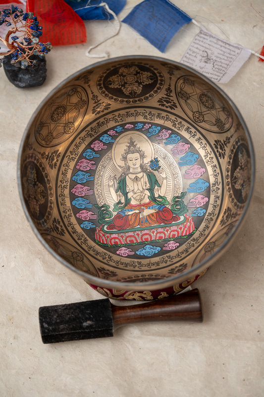 Tibetan Chenrezig Carved Singing Bowl - Meditation Bowl