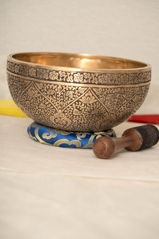  Tibetan Singing Bowl with hand-carved lotus design