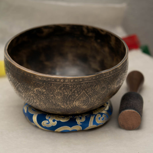 Antique style engraved Singing Bowl Root & Heart Chakra with dark aged finish, blue cushion and wooden mallet