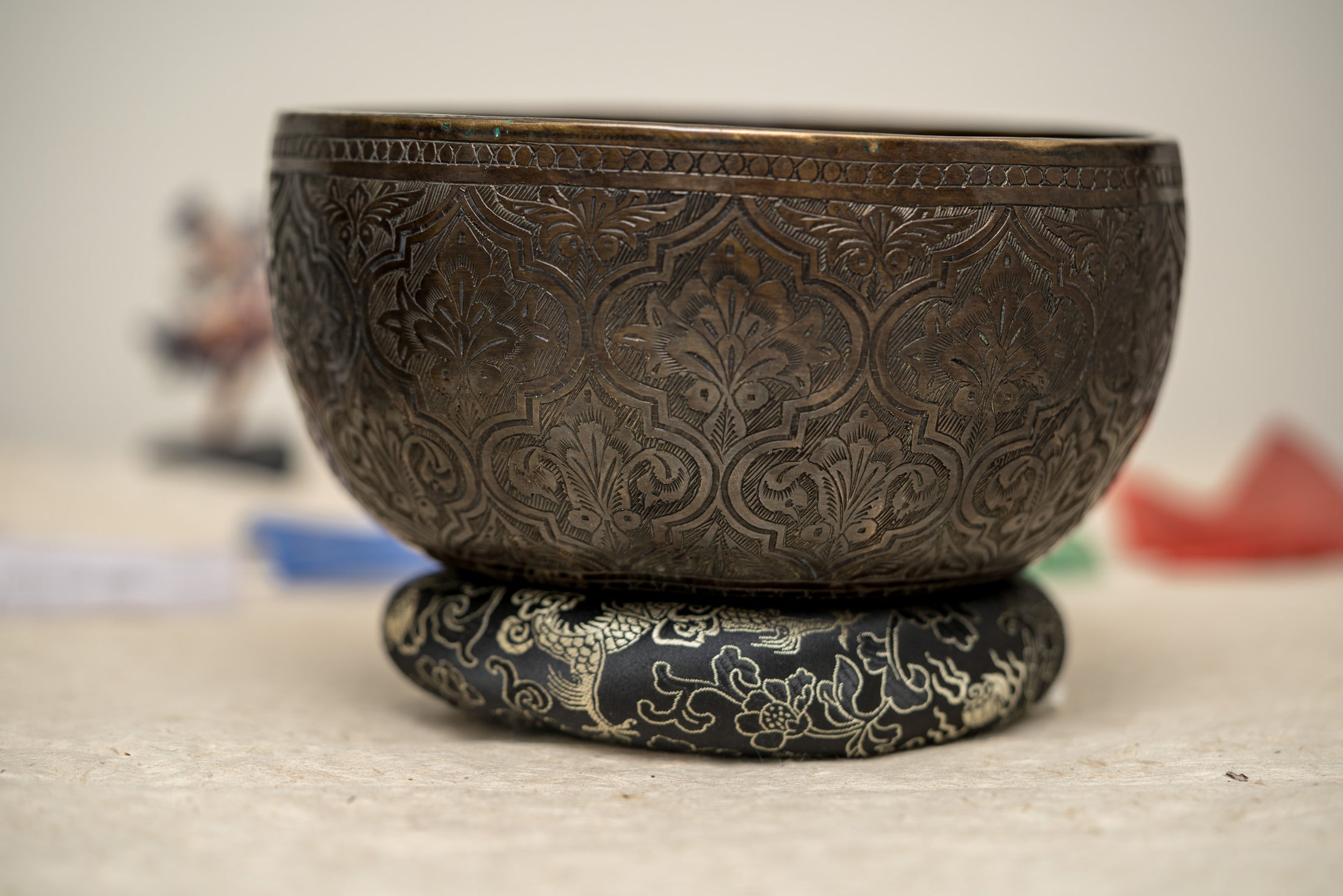 Sacred Lotus Carved Antique Singing Bowl - Handcrafted Tibetan Bowl