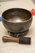 Load image into Gallery viewer, Sacred Lotus Carved Antique Singing Bowl - Handcrafted Tibetan Bowl
