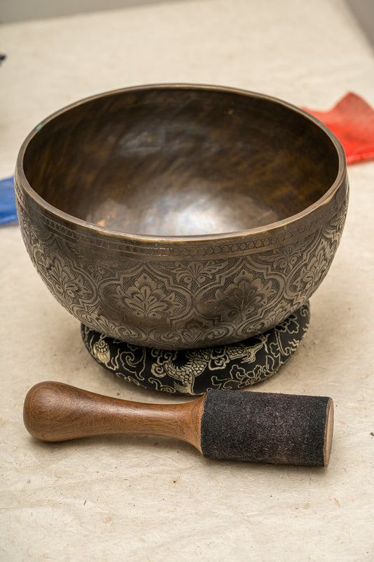 Sacred Lotus Carved Antique Singing Bowl - Handcrafted Tibetan Bowl