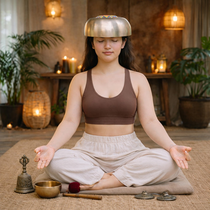 Crown Chakra Singing Bowl placed on the head during quiet listening with sound practice tools arranged nearby.