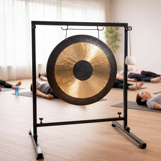 Gong on a stand in a room with wooden floor and decor