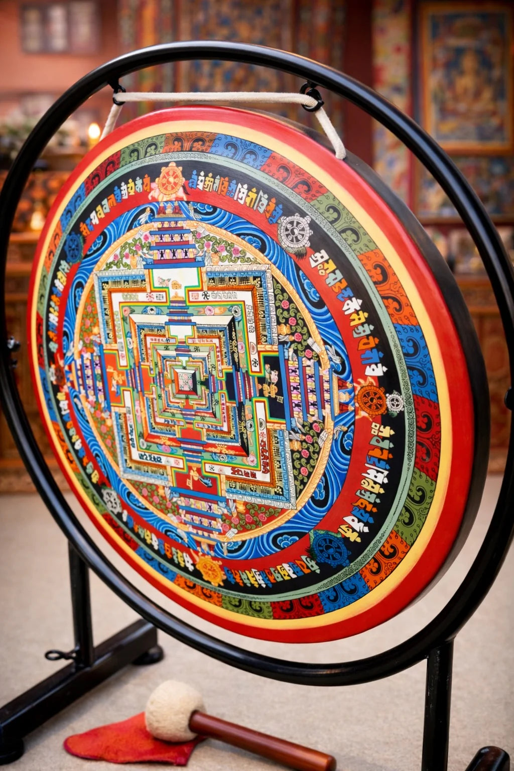 Kalachakra Mandala meditation gong with stand and striker for sound healing
