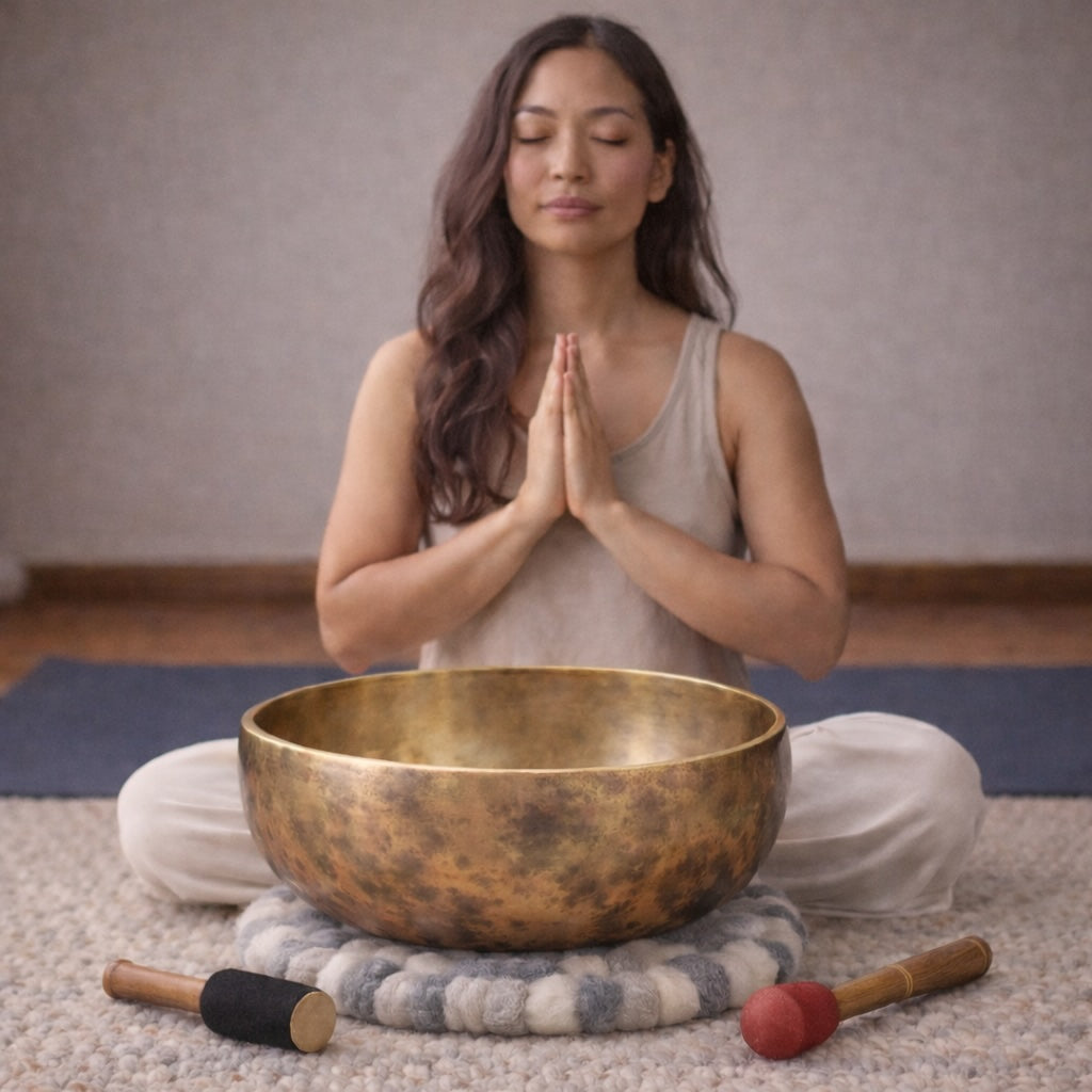 Woman meditating with a large bronze singing bowl in a serene setting